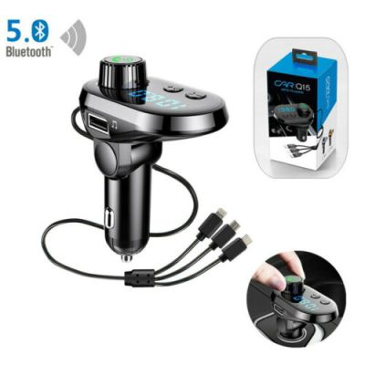 Автомобилен Bluetooth FM трансмитер - 3.1 А, с 3 кабела за зареждане, Q15