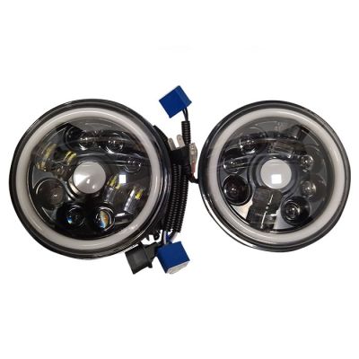 Комплект от 2бр. универсален 7" инча 18см ЛЕД LED фар лампа халоген 12V-24V къси/дълги с DRL дневни светлини мигач бяло-жълто 5000lm за АТВ джип мотоциклет камион трактор и др