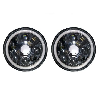 Комплект от 2бр. универсален 7" инча 18см ЛЕД LED фар лампа халоген 12V-24V къси/дълги с DRL дневни светлини мигач бяло-жълто 5000lm за АТВ джип мотоциклет камион трактор и др