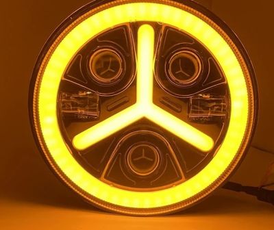 Комплект от 2бр. универсален 7" инча 18см ЛЕД LED фар лампа халоген 12V-24V къси/дълги с DRL дневни светлини мигач бяло-жълто 7000lm