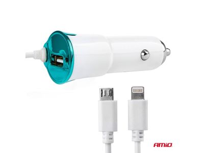 Зарядно за кола, 2 кабела, Iphone 5, microUsb, USB, 12/24V 01264 Amio
