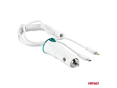 Зарядно за кола, 2 кабела, Iphone 5, microUsb, USB, 12/24V 01264 Amio