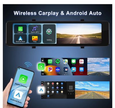 Огледална видеорегистраторна камера с безжична връзка Carplay Android Auto, 11.26” IPS сензорен екран за предно и задно виждане с двойна камера за автомобили и камиони, управление на видеото/Bluetooth/асистент за паркираненощно виждане/цикличен запис