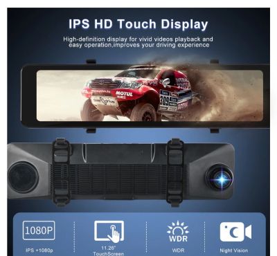 Огледална видеорегистраторна камера с безжична връзка Carplay Android Auto, 11.26” IPS сензорен екран за предно и задно виждане с двойна камера за автомобили и камиони, управление на видеото/Bluetooth/асистент за паркираненощно виждане/цикличен запис